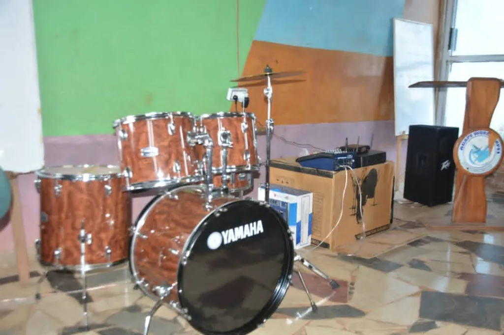 A Yamaha drum set and sound equipment provided for church ministry.