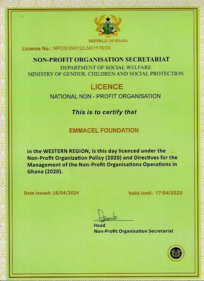 Republic of Ghana national non-profit organisation licence for Emmacel Foundation, Licence No. NPOS/WR12/LN01178/24